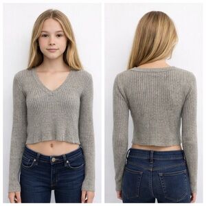 Brandy Melville Gray V-Neck Fuzzy Cropped Sweater